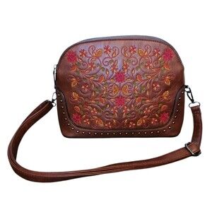 Sam & Hadley Brown Vegan Leather Studded Embroidered Floral Purse Crossbody Bag